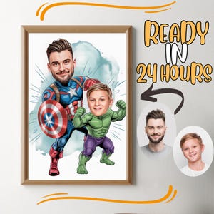 Custom Super Dad and Son Cartoon Portrait, Super Dad Portrait, Dad's Gift, Super Dad Caricature, Superhero Caricature, Caricature from Photo