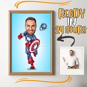 Personalisiertes Superhelden-Cartoon-Portrait, individuelle Superhelden-Karikaturzeichnung vom Foto, lustige Superhelden-Karikatur, Geschenk für Superhelden