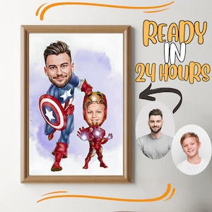Ritratto di cartone animato personalizzato di super papà e figlio, ritratto di super papà, regalo di papà, caricatura di super papà, caricatura di supereroe, caricatura da foto