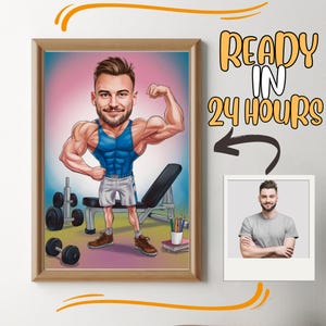 Ritratto di cartone animato di fitness personalizzato, disegno di caricatura di sollevatore di pesi personalizzato da foto, caricatura di fitness divertente, regalo per sollevatore di pesi