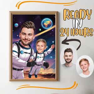 Retrato de dibujos animados personalizado de súper papá e hijo, retrato de súper papá, regalo de papá, caricatura de súper papá, caricatura de superhéroe, caricatura a partir de una foto