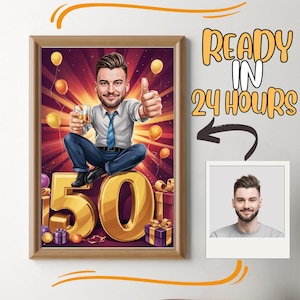50e verjaardag, karikatuur speciale dag, foto naar cartoon, verjaardagscadeau voor meisjes, dames, vrouwen, mannen, jongens, herenkarikatuur van foto