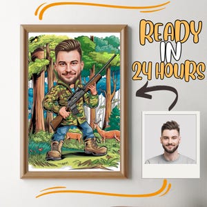 Retrato de dibujos animados de cazador personalizado, dibujo de caricatura de cazador personalizado a partir de una foto, caricatura divertida de cazador, regalo para cazador