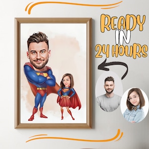 Benutzerdefinierte Super Papa und Tochter Cartoon Portrait, Super Papa Portrait, Papas Geschenk, Super Papa Karikatur, Superhelden-Karikatur, Superhelden-Geschenk