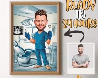 Custom Male Dentist Cartoon Portrait, Dentist Portrait, Gift for Dentist, Dentist Caricature, Caricature from Photo, Funny Dentist Drawing