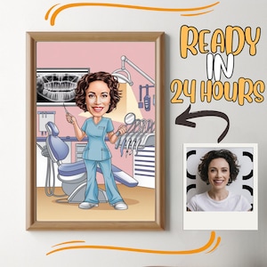 Retrato personalizado de dibujos animados de dentista femenino, foto de dibujo de caricatura de dentista femenino personalizado, caricatura de dentista divertida, regalo para dentista