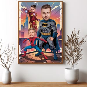 Custom Super Dad en twee zonen Cartoonportret, van foto een cartoon maken, een cartoon van een cartoon maken, van een foto een cartoon maken, mijn foto cartoon maken