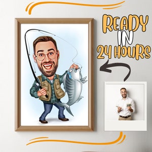Personalisiertes Fischer-Cartoon-Portrait, individuelle Fischer-Karikaturzeichnung vom Foto, lustige Fischer-Karikatur, Geschenk für Fischer