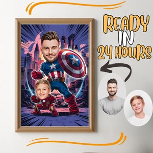 Ritratto personalizzato di un super papà e di un figlio, ritratto di un super papà, regalo per il papà, caricatura di un super papà, caricatura di un supereroe, caricatura da foto