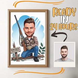 Personalized Hunter Cartoon Portrait, Custom Hunter Caricature Drawing from Photo, Funny Hunter Caricature, Gift for Hunter