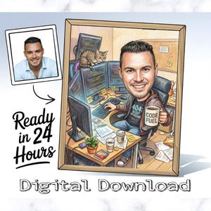 Puede incluir: Retrato de dibujos animados enmarcado de un hombre en un escritorio de computadora, sosteniendo una taza de café que dice "CODE FUEL". La imagen incluye un gato, múltiples pantallas de computadora y el texto "Ready in 24 Hours" y "Digital Download."