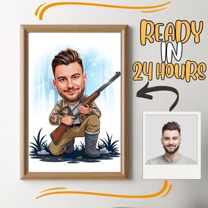 Personalized Hunter Cartoon Portrait, Custom Hunter Caricature Drawing from Photo, Funny Hunter Caricature, Gift for Hunter