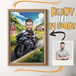 Aangepaste motorrijder cartoon portret, motorrijder portret, cadeau voor motorrijder, motorrijder karikatuur, karikatuur van foto