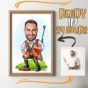 Personalized Hunter Cartoon Portrait, Custom Hunter Caricature Drawing from Photo, Funny Hunter Caricature, Gift for Hunter