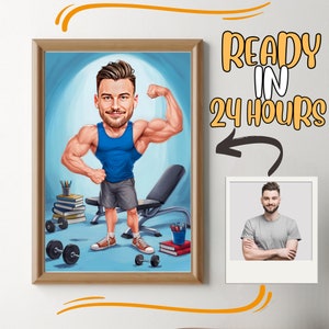 Gepersonaliseerde fitness cartoonportret, aangepaste karikatuur gewichtheffer gewichtheffer tekening van foto, grappige fitness karikatuur, cadeau voor gewichtheffer