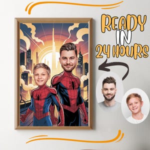 Benutzerdefinierte Super Dad und Sohn Cartoon Portrait, Super Dad Portrait, Papas Geschenk, Super Dad Karikatur, Superhelden-Karikatur, Karikatur vom Foto