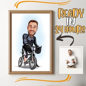 Personalized Cyclist Caricature Portrait: Custom Biker Gift (Digital Download)