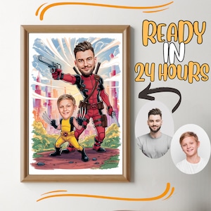 Retrato personalizado de dibujos animados de súper papá e hijo, retrato de súper papá, regalo de papá, caricatura de súper papá, caricatura de superhéroe, caricatura de foto