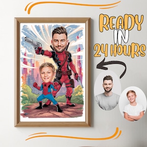 Niestandardowy portret Super Taty i Syna z kreskówki, Portret Super Taty, Prezent dla Taty, Karykatura Super Taty, Karykatura Superbohatera, Karykatura ze zdjęcia