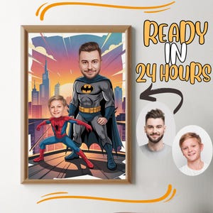 Niestandardowy portret Super Taty i Syna z kreskówki, zamień zdjęcie w kreskówkę, zrób kreskówkę ze zdjęcia, zamień zdjęcie w kreskówkę, zrób kreskówkę ze swojego zdjęcia