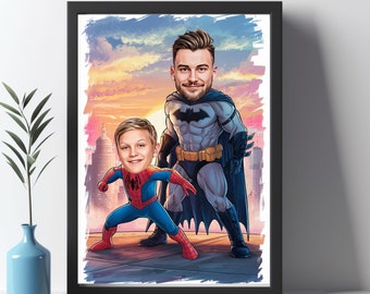 Custom Super Dad and Son Cartoon Portrait, Super Dad Portrait, Dad&#39;s Gift, Super Dad Caricature, Superhero Caricature, Caricature from Photo