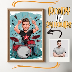 Retrato de dibujos animados de baterista personalizado, caricatura de baterista, regalo de baterista, caricatura de baterista, caricatura de baterista de foto, regalo de baterista personalizado
