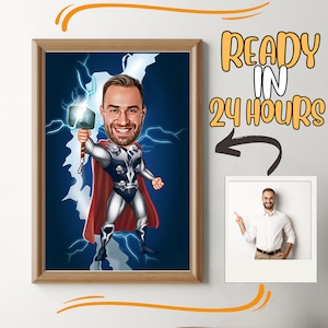 Personalisiertes Superheld-Karikaturporträt, kundenspezifische Superheld-Karikaturzeichnung vom Foto, lustige Superheld-Karikatur, Geschenk für Superheld