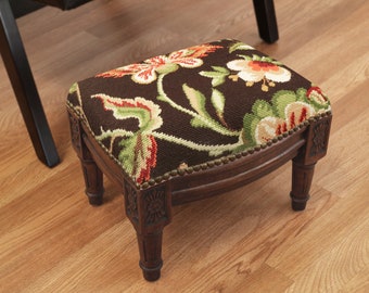 Jacobean Floral Needlepoint Upholstered Footstool