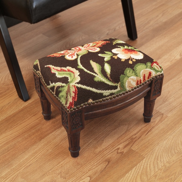 Jacobean Floral Needlepoint Upholstered Footstool