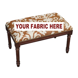 May include: A brown wooden bench with a white and brown patterned fabric seat. The fabric has the text "YOUR FABRIC HERE" printed on it.
