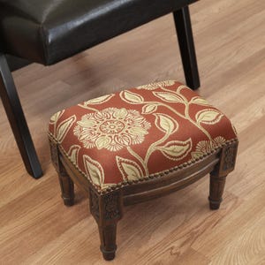 Louis XVI Style Upholstered Footstool, Woven Floral Fabric & Brass Nailheads