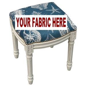 May include: White wooden stool with turned legs and a blue fabric seat featuring a seashell pattern. The seat has the text "YOUR FABRIC HERE" printed on it.