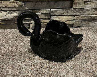 Vintage Black Swan Planter Glazed Ceramic