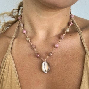 Boho Macrame Necklace: Rhodonite & Cowrie Shell, Beachy Jewelry