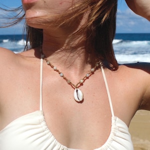 Custom Cowrie Shell Necklace: Gemstone Beads, Adjustable Boho Jewelry
