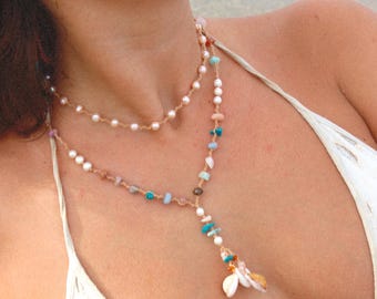 Gemstone Pearl Lariat Necklace: Bohemian Seashell Macrame // bohemian hippie chic style jewelry // handmade Christmas gifts