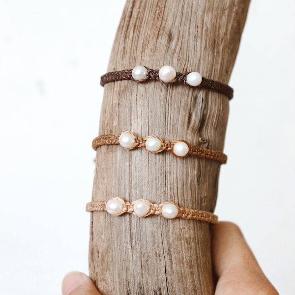 Triple macrame pearl bracelet- real freshwater pearls woven womens bracelet neutral boho chic