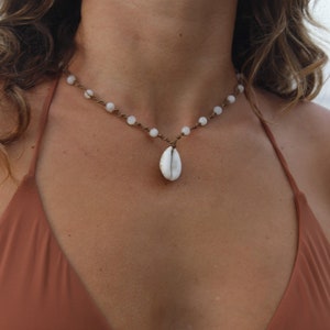 Personalized Cowrie Shell Necklace: Macrame Gemstone Beads, Adjustable Length