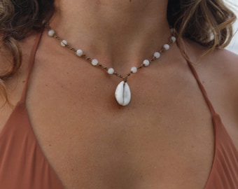 Personalized Cowrie Shell Necklace: Macrame Gemstone Beads, Adjustable Length