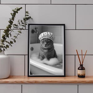 Funny Bathtime Cat Poster: Black and White Bathroom Art (A3 Digital Download)