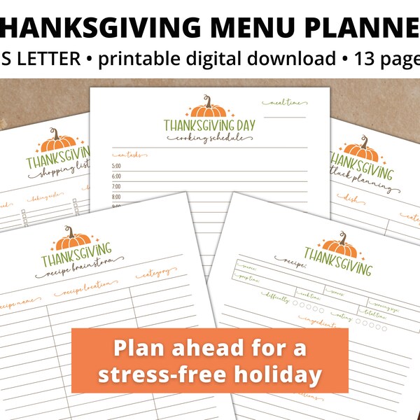 Thanksgiving Menu Planner Printable – Guest List, Potluck Planning, Menu, Grocery List & More – Digital PDF