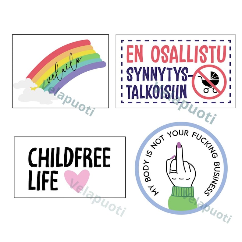 Vela-aiheiset tarrat, 4 vaihtoehtoa Kaikki neljä!