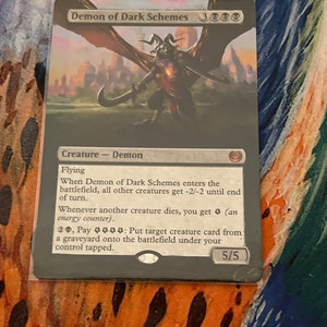 Demon of Dark Schemes borderless alter magic the gathering mtg hand painted