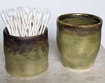 Q-tip holder and small tumbler set, handmade ceramic pottery, bathroom or kitchen, cotton buds