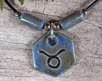 Ceramic Taurus Zodiac symbol necklace, birthday April 20 - May 20, handmade, aromatherapy