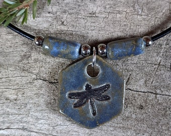 Ceramic pottery necklace pendant, dragonfly, handmade, aromatherapy