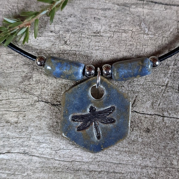 Ceramic pottery necklace pendant, dragonfly, handmade, aromatherapy