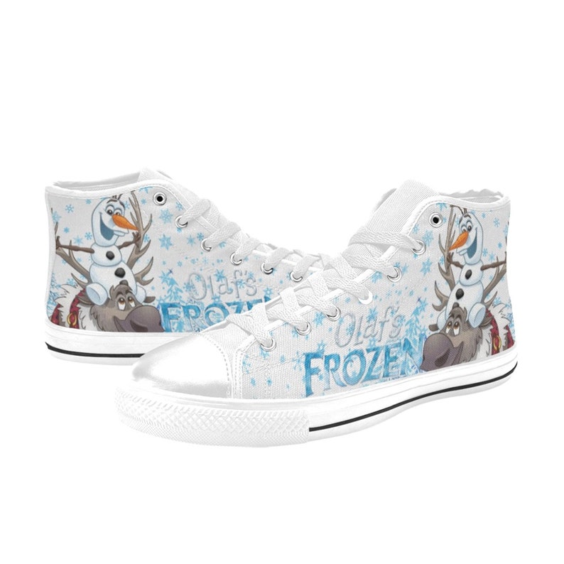 May include: White high-top canvas shoes with a blue and white design featuring Olaf and Sven from the movie Frozen. The shoes have the text "Olaf's Frozen" on them.