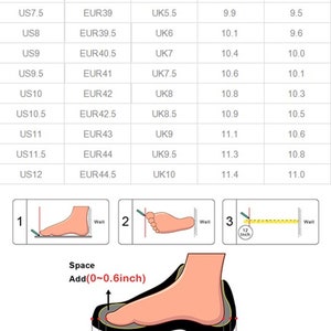 May include: A chart showing women's shoe size conversions in US, UK, and Euro sizes. The chart also includes insole and foot length measurements in inches. The chart is accompanied by a diagram showing how to measure foot length, insole length, and outsole length.