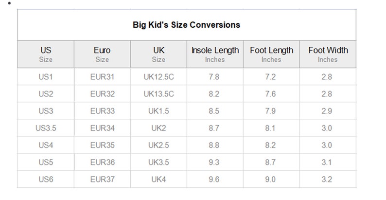 May include: A chart showing big kid's shoe size conversions in US, Euro, and UK sizes. The chart also includes insole length, foot length, and foot width measurements in inches.